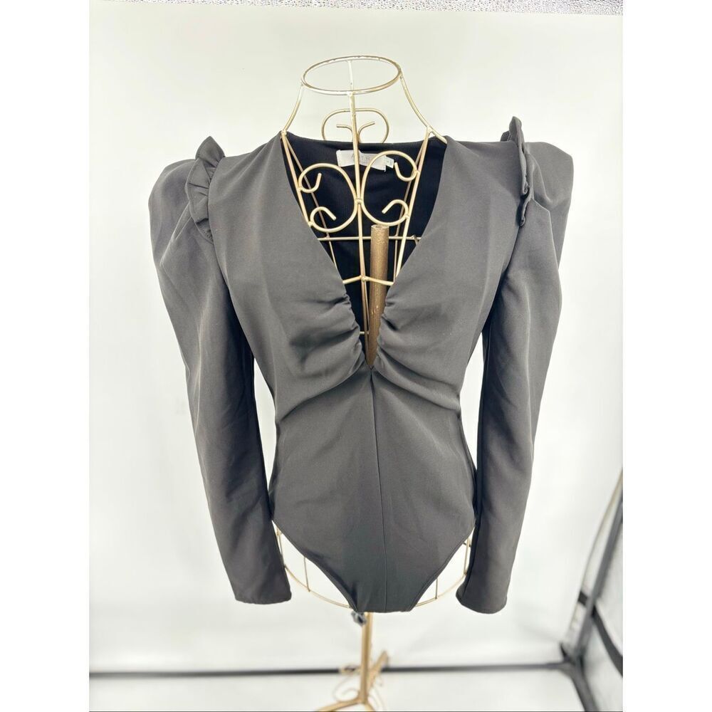 ASTR Amora Puffed Ruffle Trim Long Sleeve Bodysuit Black Size Small